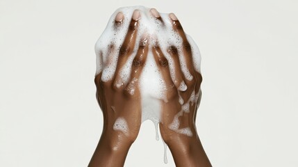 Naklejka premium Feminine hands lathering soap, generating white bubbles during handwashing routine against clean backdrop highlighting personal hygiene