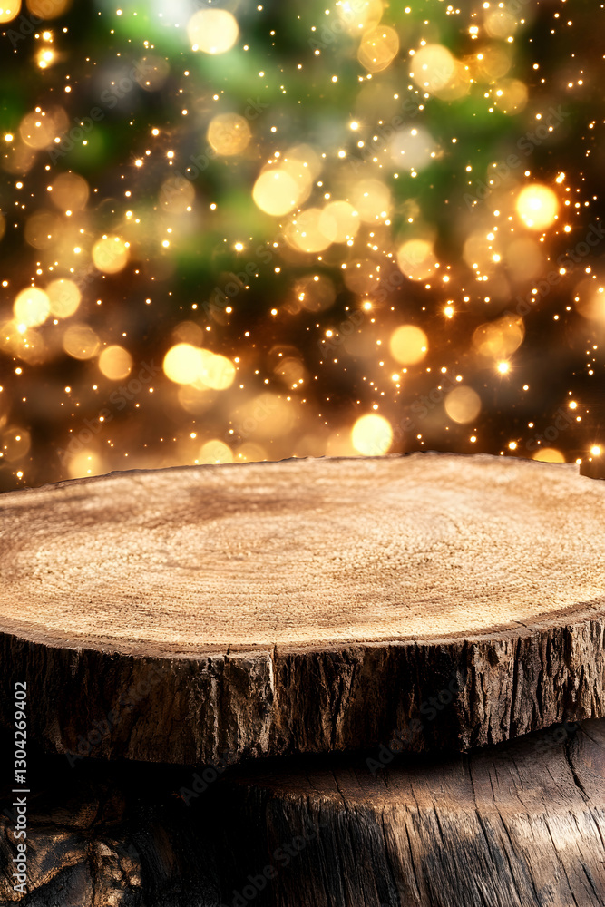 Aufkleber wood display on table with bokeh lights in blurred background
