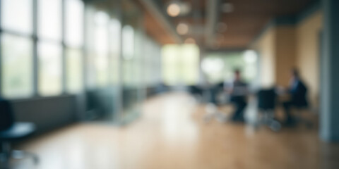 Blurred background of modern office with open layout, bright windows, glass walls, professional setting, contemporary design, collaborative workspace, corporate environment