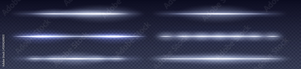 Poster white neon laser beam set on transparent dark blue background. horizontal glowing lines with differe