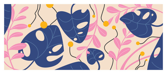 Obraz premium Trendy botanical pattern with navy blue doodle monstera leaves, pink foliage branches, yellow berries on beige background. Modern minimalist floral composition for fabric design or digital banners.