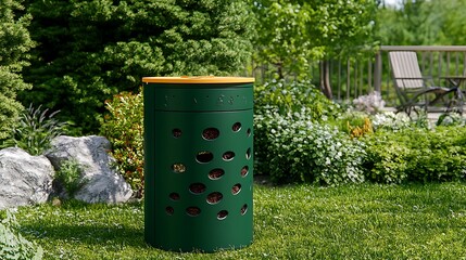 Obraz premium Composting in Yard Green bin sits on lawn near garden and patio on sunny day