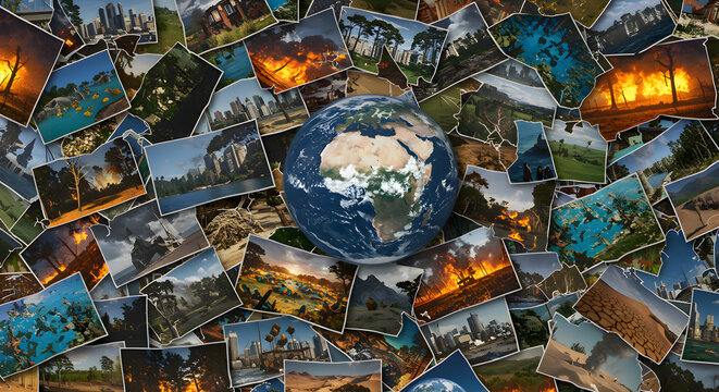 A collage of diverse photographic prints depicting various environmental disasters like wildfires, floods, droughts, and deforestation, all piled around a globe.