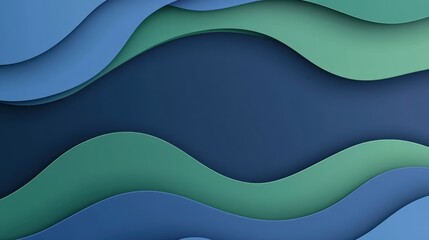 Fototapeta premium Curving paper waves in blue and green forming fluid, contemporary abstract backdrop with dynamic visual energy
