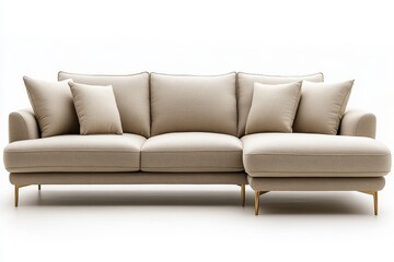 Fototapeta premium Beige Fabric Three-Seater Sofa with L-Shaped Chaise Longue and Brass Legs, Exquisitely Crafted in Plush Texture, Creating a Warm and Luxurious Atmosphere Ideal for Modern Young Adults. 