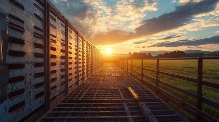 Sunset over rural bridge, metal pathway, livestock transport