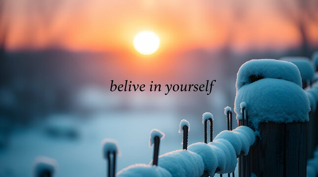 Winter landscape with snow-covered fence, sunrise, and motivational text "belive in yourself" overlay. - Powered by Adobe