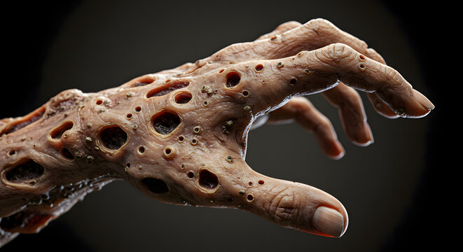 A close-up, detailed image of a hand ravaged by a grotesque disease.