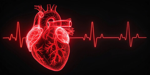Anatomical heart, neon red glow, heart rate monitor line, black background, medical illustration, cardiovascular system, pulsing effect, digital art, scientific visualization, vibrant contrasts,