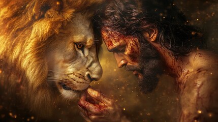 Jesus the Lion of Judah: Man with Lion on Grunge Watercolor Background
