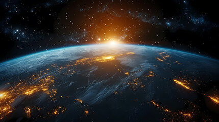 Earth in Space with Stars and Orange Hues