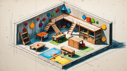 Fototapeta premium Sketch of playroom. Room has tables, chairs, colorful shapes on walls, ladder, sandbox, and shelves. Ink drawing with colors, top view isometric.