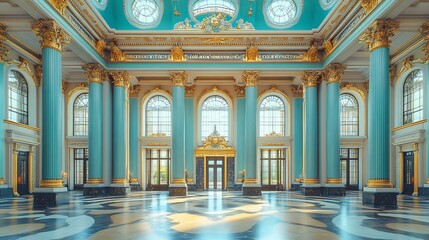 Obraz premium Grand Hall Teal Gold Columns Sunlight Elegance. AI Generated