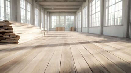 Bright sunlight streaming across freshly laid wooden flooring inside expansive industrial space, wooden planks h
