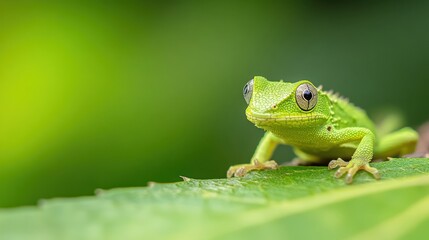 Obraz premium Green lizard sitting motionless on verdant leaf, perfectly camouflaged within dense rainforest foliage, embodying natural adaptation and exotic wildlife ecosystem