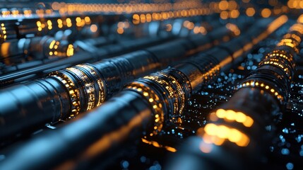 A series of glowing pipes are shown in a close up