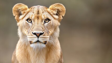 Fototapeta premium Intense lioness portrait revealing piercing amber eyes, golden fur highlighting predatory gaze against blurred wilderness landscape, embodying wild feline power