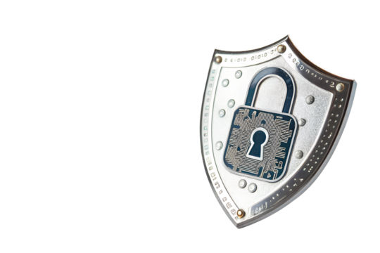 Cybersecurity Shield with Digital Lock on White Background png