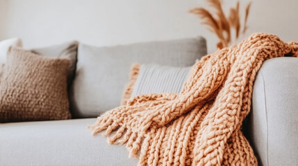 Cozy sofa with knitted blanket and decorative pillows in warm tones