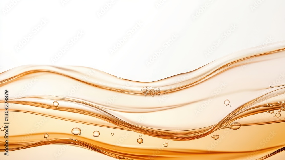Poster golden liquid flowing smoothly, creating bubbling waves against pristine white surface, showcasing f