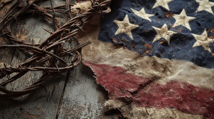 A weathered American flag is on a table with a cross and barbed wire