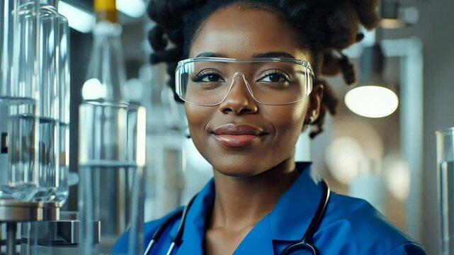 Woman wearing a lab coat and safety glasses is smiling at the camera. She is standing in front of a row of beakers and test tubes
