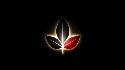 Fototapeta premium Stylized leaf logo with black, red, and white elements, centered on a dark background with a subtle glow.