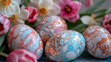 Fototapeta premium A group of painted eggs are arranged on a table next to a bouquet of flowers