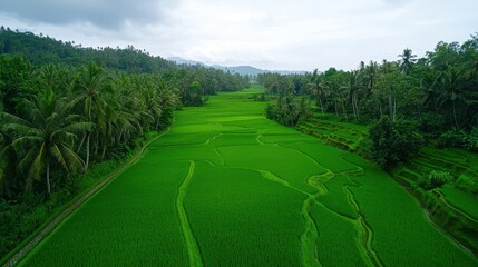 Naklejka premium Lush green rice fields bali aerial landscape photography tropical environment serene viewpoint nature's beauty
