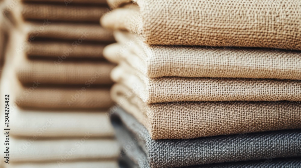 Poster soft linen fabrics in warm hues neatly folded, displaying textural variations and color gradients fo