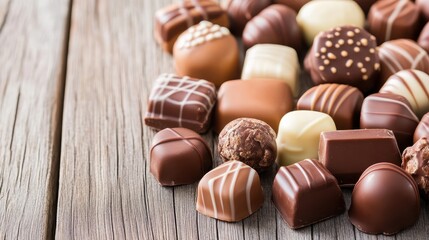 Obraz premium Gourmet chocolate selection displaying artisan confections in rich hues, arranged elegantly on weathered wooden surface, representing luxury dessert craftsmanship