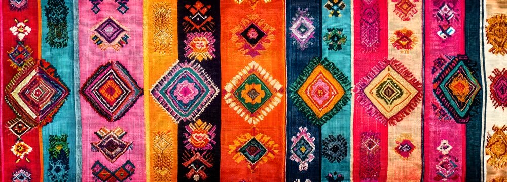 Colorful Textiles: Display of richly hued textiles, embellished with detailed geometric patterns, offers a vibrant tapestry of cultural artistry and intricate craftsmanship.