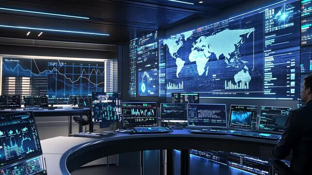 Advanced global network operations center with real-time data analysis and monitoring displays