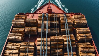 Red cargo ship transports brown wood logs on blue ocean. Vessel is loaded with timbers and secured by blue ropes and metal chains.