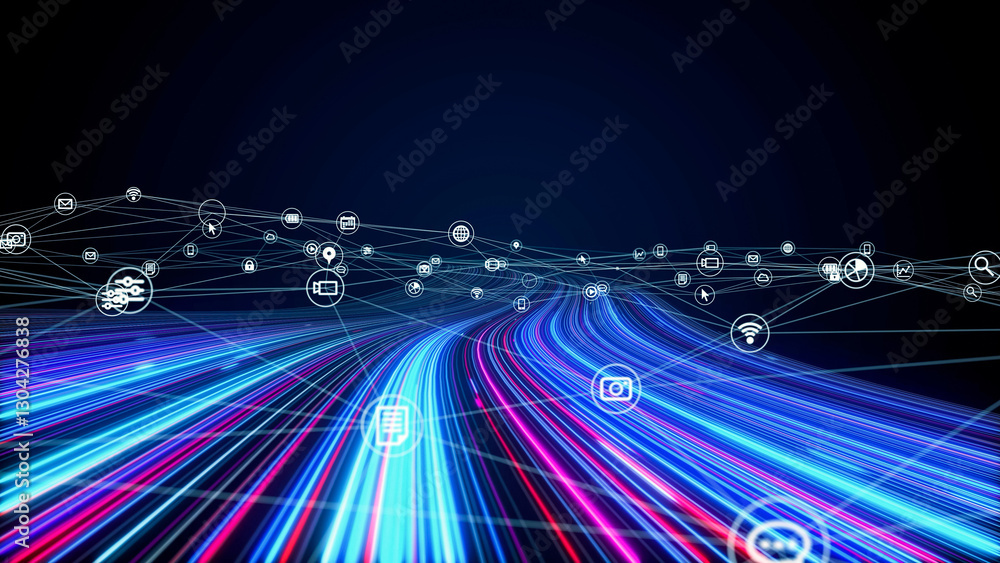 Poster communication network concept in cyberspace. abstract background.