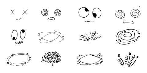  Dizzy effect, headache, sick drawing doodle comic set. dizziness faces, stars overhead anime emotions, crazy hand drawn line collection.