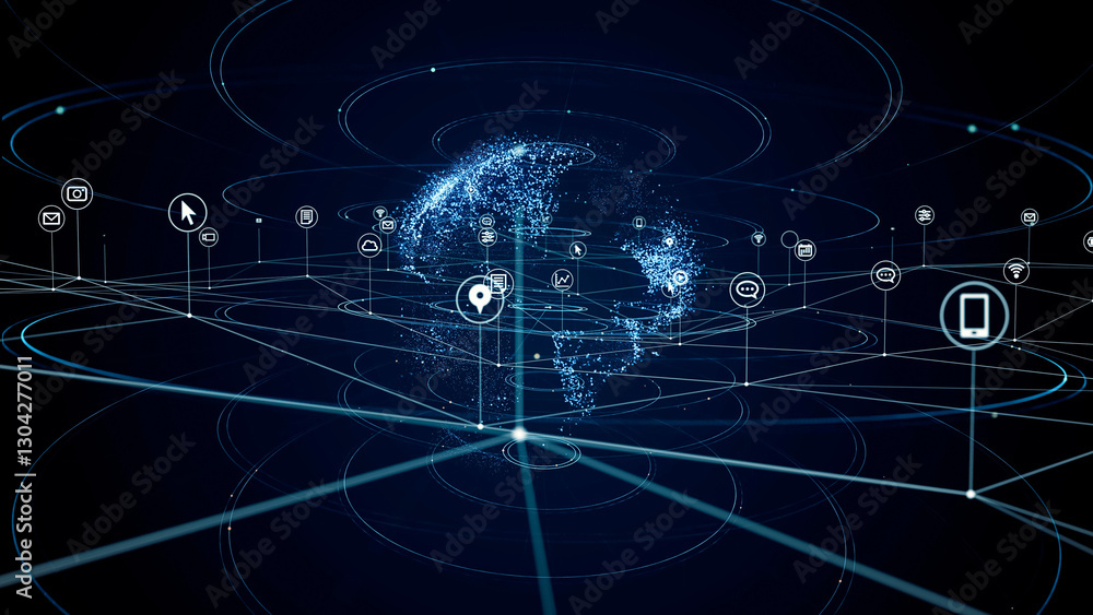 Poster communication network concept in cyberspace. abstract background.