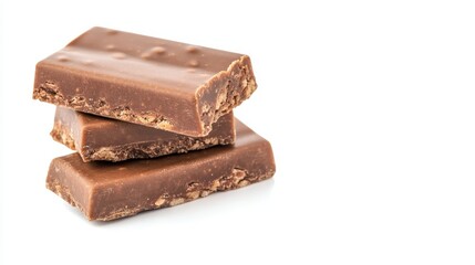 Milk chocolate bars stacked vertically, revealing crispy layered center, resting on pristine white surface, tempting chocolate lovers with rich, decadent texture