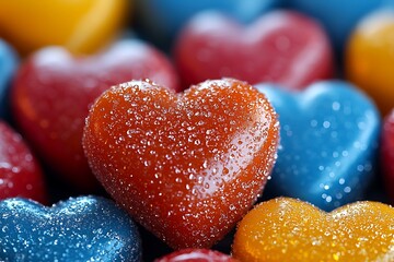 Colorful hearts with water droplets