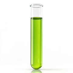 Clear Glass Test Tube Filled with a Bright Green Liquid, Angled Diagonally Against a Light Gray Background.