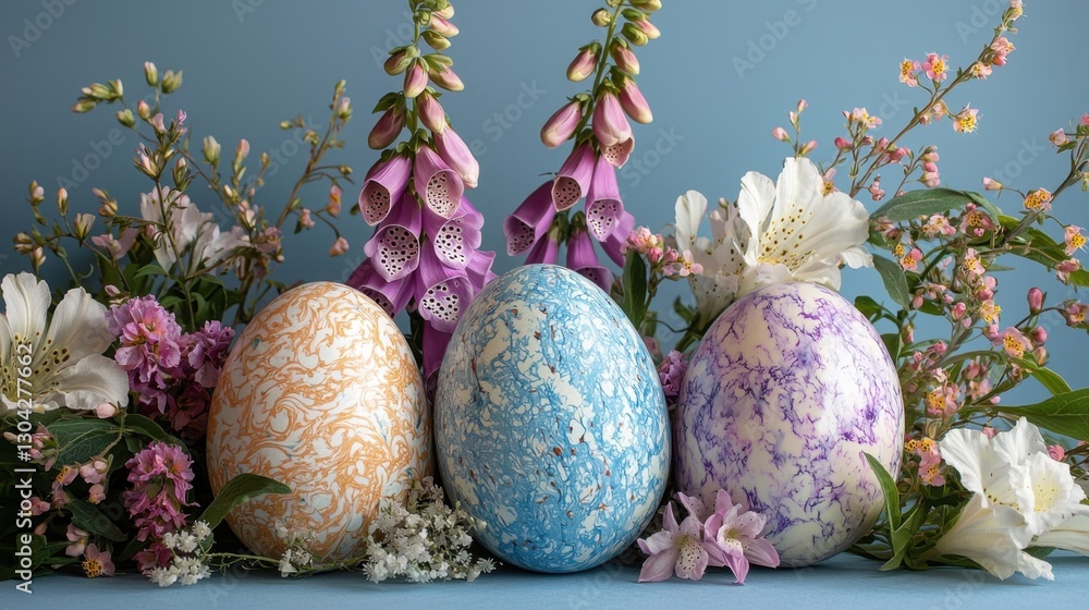 Poster three eggs with different colors are placed on a table with flowers