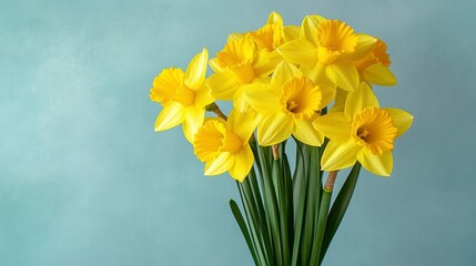 Bright Yellow Daffodil Bouquet Against Soft Blue Background