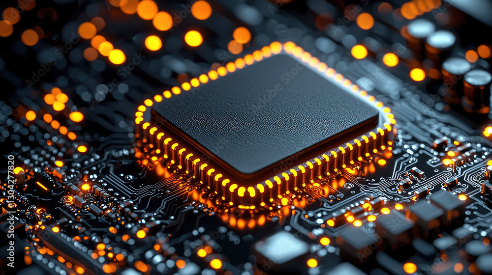 Poster close up view of computer chip with glowing orange lights, showcasing intricate circuitry and techno