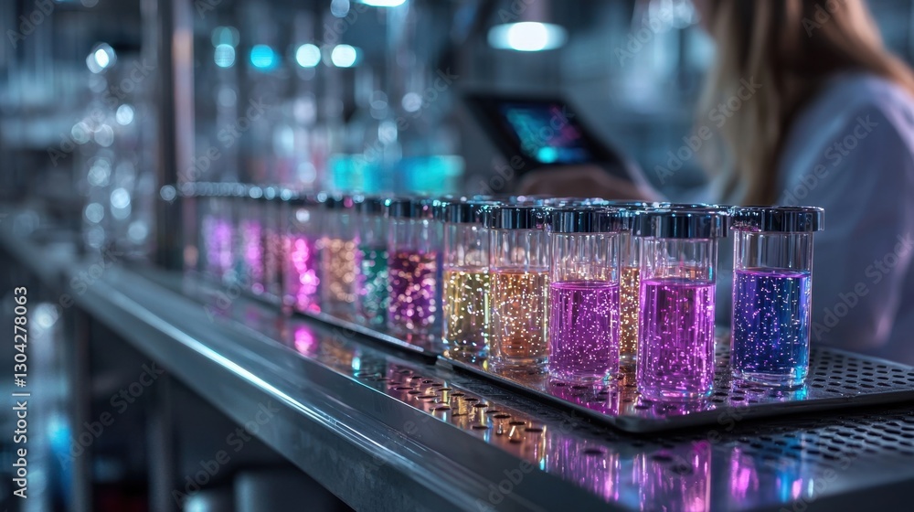 Poster a woman is working in a lab with many colorful vials on a table