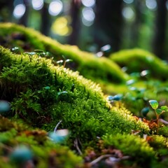 A macro shot of rich green moss and small plants thriving on a forest floor. The image highlights the intricate patterns and textures, showcasing the raw beauty of nature with a focus on life 