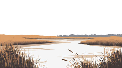 A minimalist landscape illustration depicting a calm body of water, possibly a marsh or swamp, bordered by tall reeds or grasses. The color palette is muted, consisting primarily of beige,