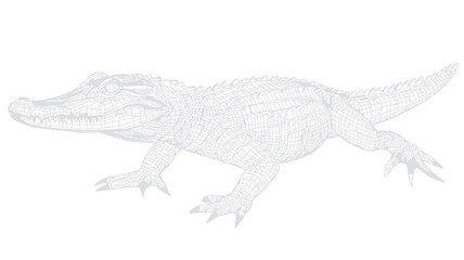 Naklejka premium A grayscale pencil sketch depicting a crocodile in profile view. The sketch shows detailed rendering of the crocodile's scales, teeth, and claws. The style is realistic, with shading used