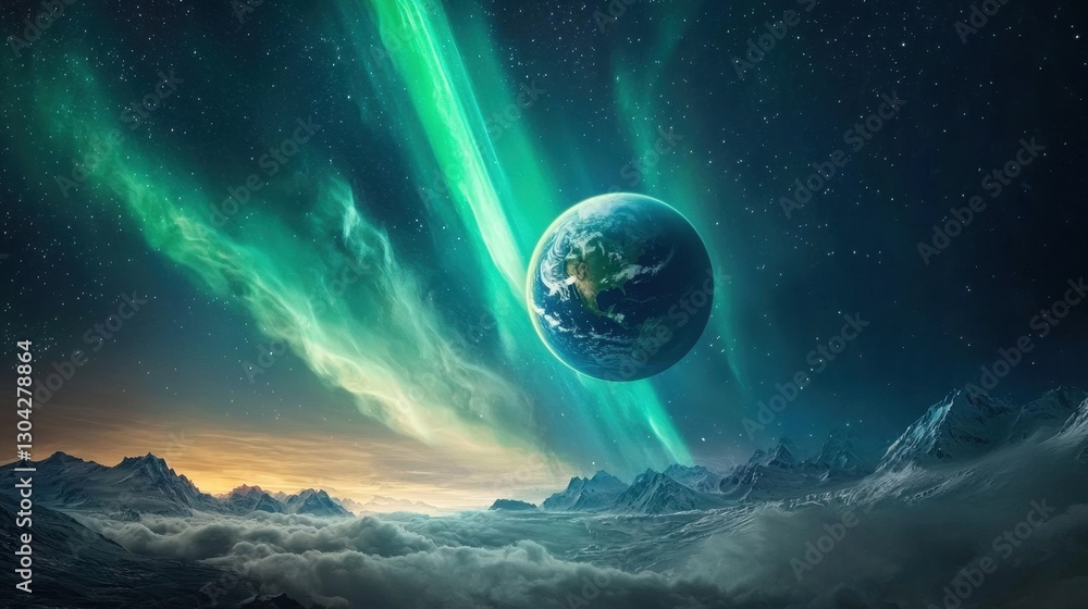 Poster a planet is floating in space with a bright green aurora around it