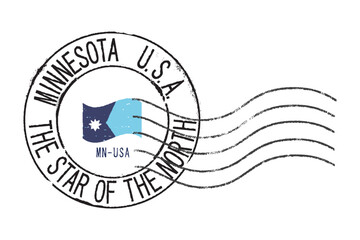 A postal rubber stamp MINNESOTA U.S.A. with the state flag in the middle. Retro seal for letter envelopes, greeting cards, passport, parcels.