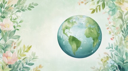 Watercolor Earth surrounded by floral greenery  
